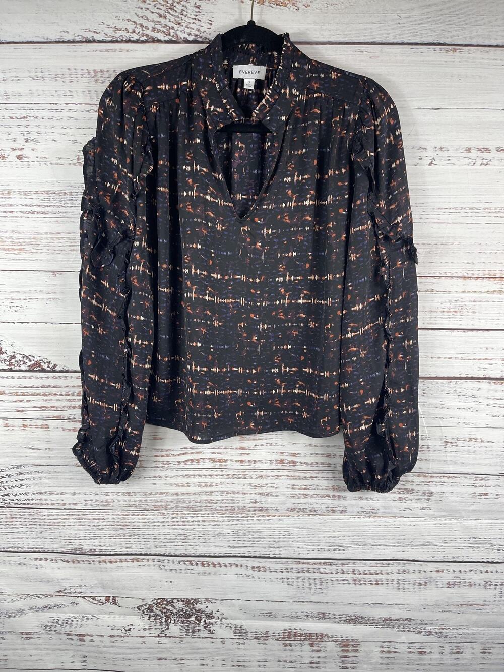 Evereve Blouse Women's Small Black Abstract Print Ruffle Long Sleeve V Neck
